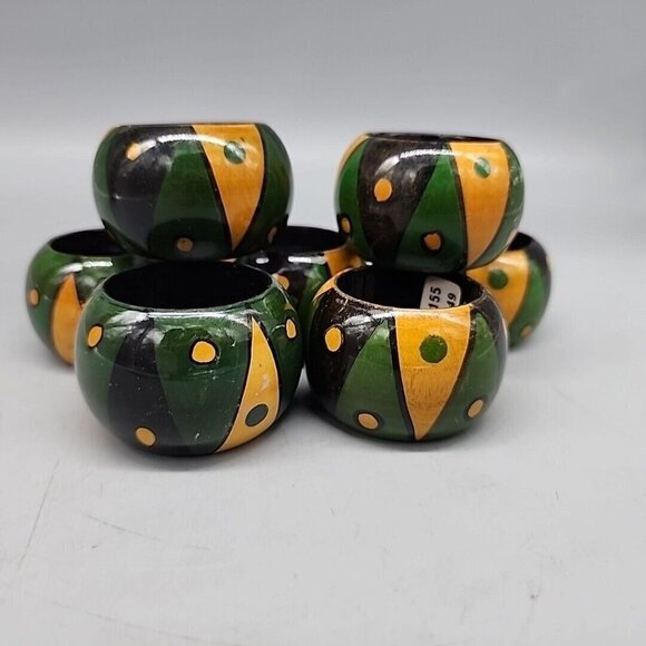 Vintage Hand Painted Decorative Wooden Napkin Rings made in India X7 African - Picture 1 of 5